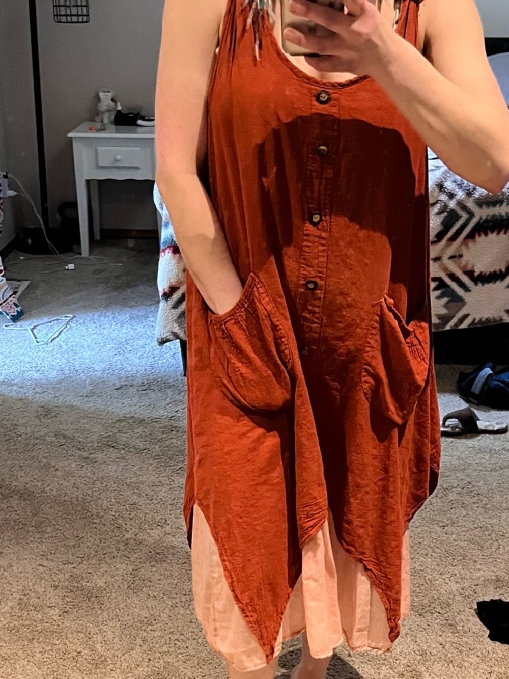 Rust-Orange Sleeveless Button Midi Dress with Pink Lining 100% cotton